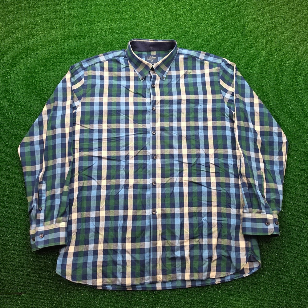 TM Lewin Jermyn St London Shirt Mens XL Blue Plaid Button Up Long Sleeve‎ Preppy